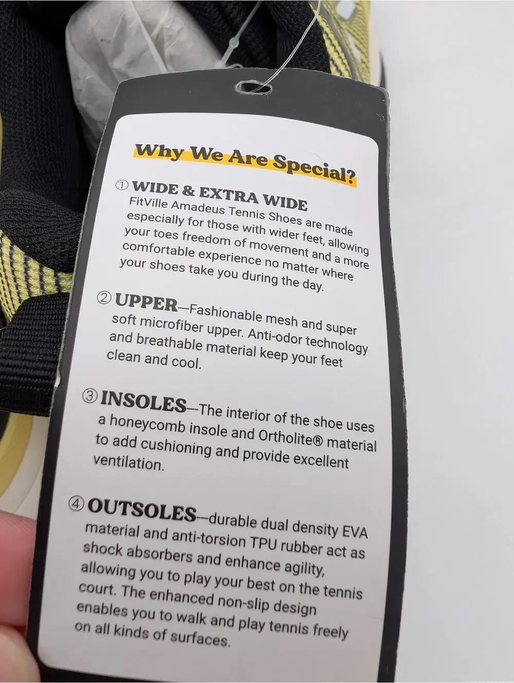 FitVille Amadeus Wide Extra Wide Tennis Court Sneakers Yellow Black Men 8.5W